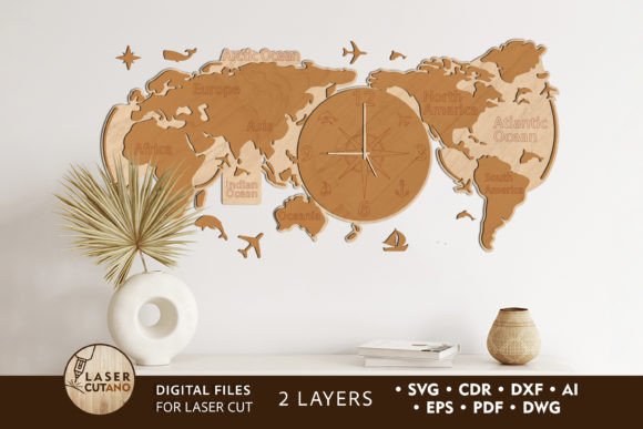 Clock World Map Wooden Wall Art